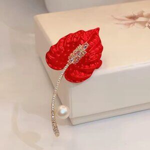Red Anthurium Pearl Brooch Pin